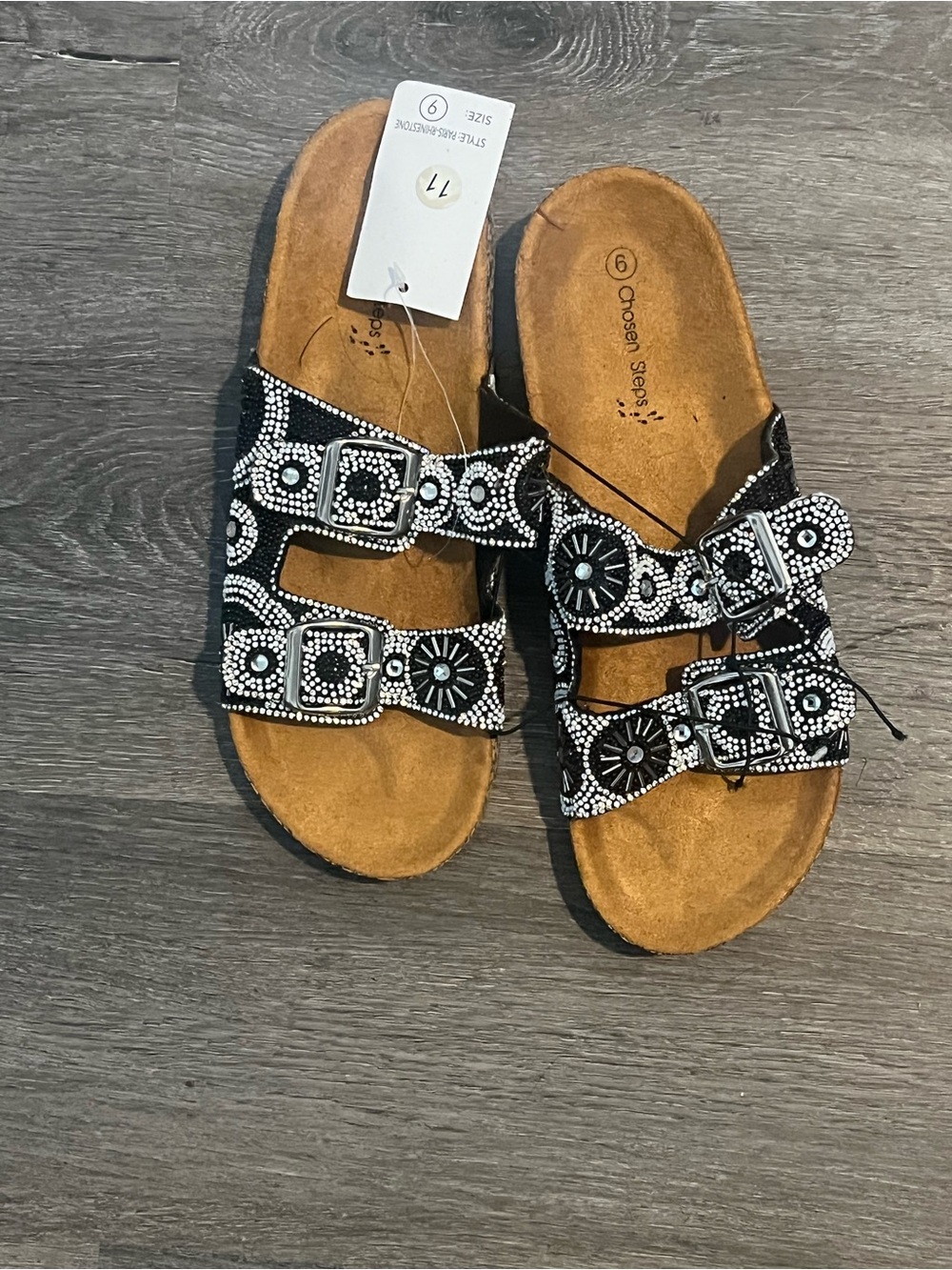Chosen Steps Black Beaded Double-Buckle Slide Sandals with Embellishment
